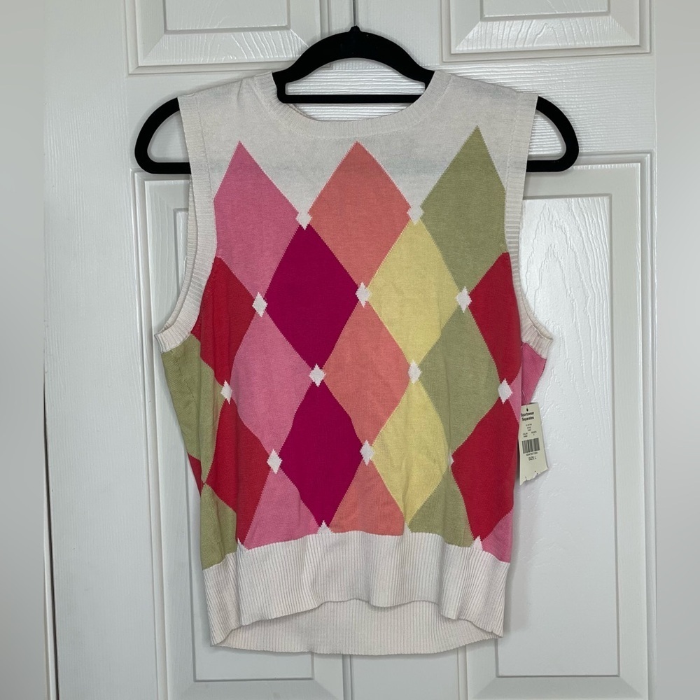 Valerie Stevens preppy multi color crew neck argyle sweater vest | L